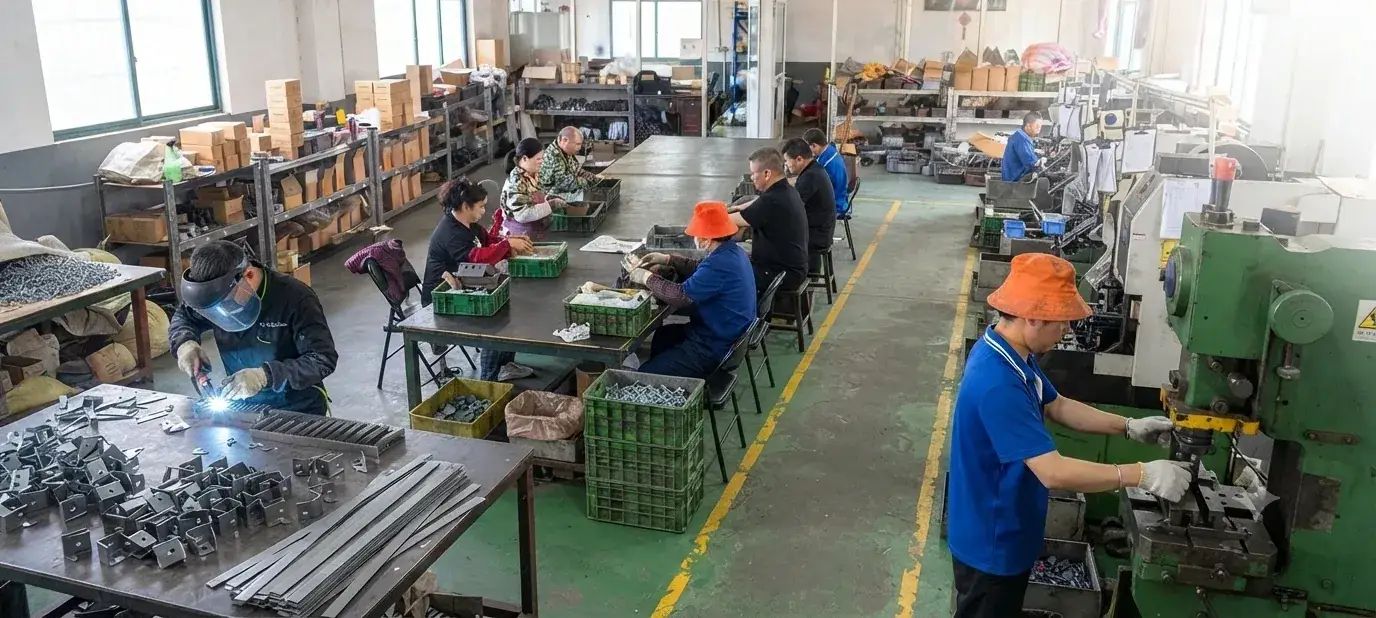 Công nhân gia công và đóng gói linh kiện kim loại trong xưởng sản xuất