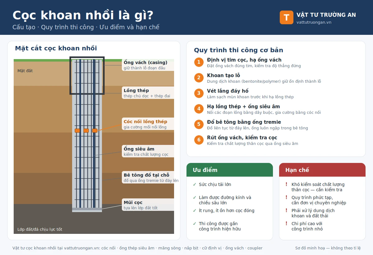 Sơ đồ mặt cắt cọc khoan nhồi: ống vách, lồng thép, cóc nối, ống siêu âm, bê tông và mũi cọc, kèm 6 bước thi công, ưu điểm và hạn chế