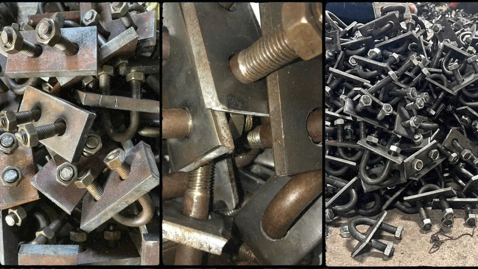 Cận cảnh cóc nối lồng thép thật: bản mã (tấm thép 2 lỗ), bu lông chữ U và đai ốc siết hai đầu ren